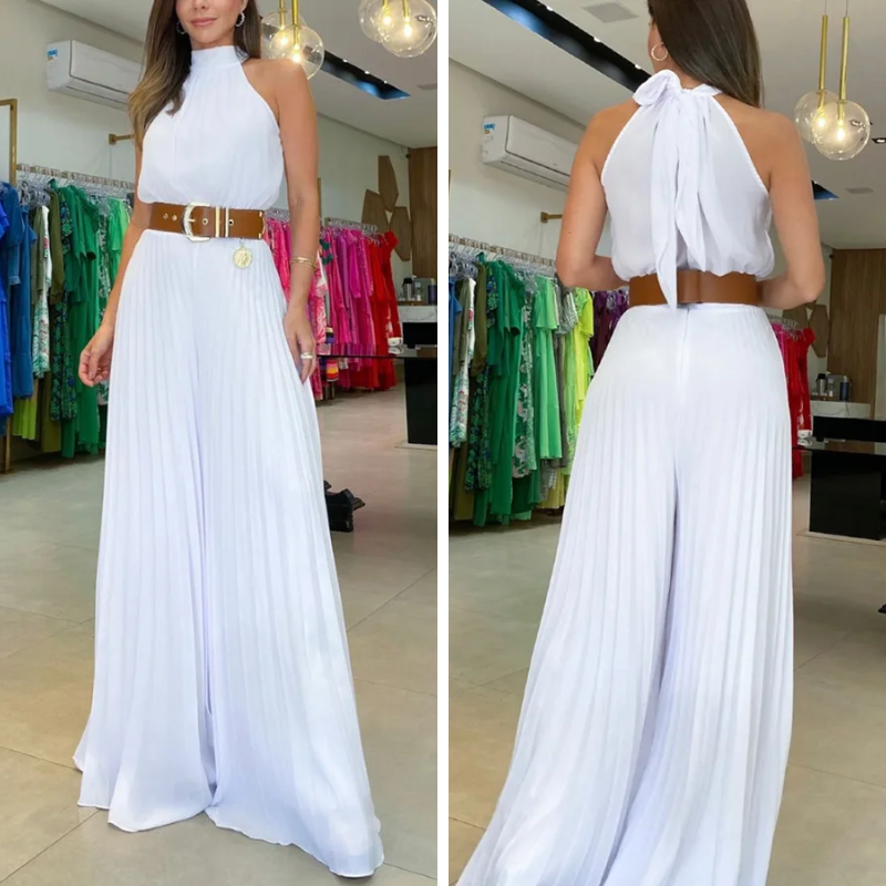 Macacão Feminino Sem Manga Acinturado Plissado