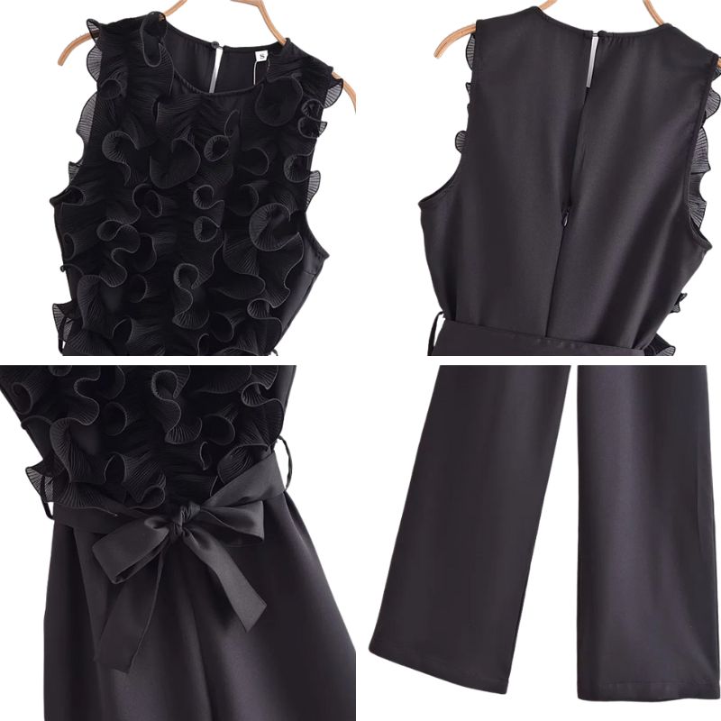 Macacão sem Manga Babado Plissado com Strech