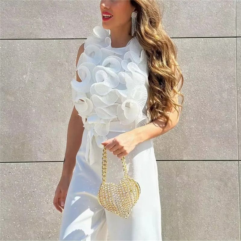 Macacão sem Manga Babado Plissado com Strech