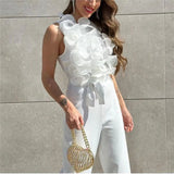 Macacão sem Manga Babado Plissado com Strech