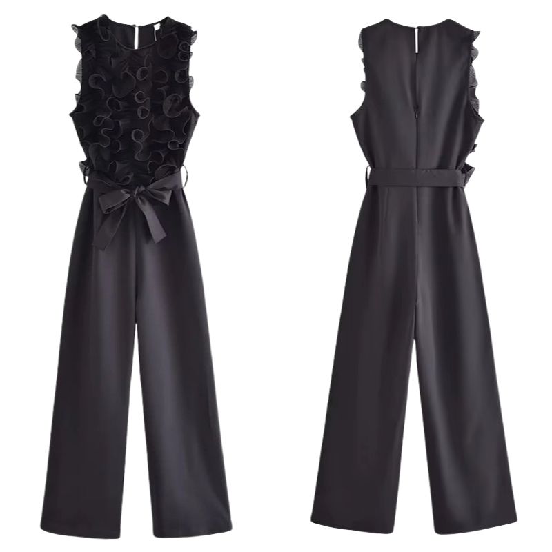 Macacão sem Manga Babado Plissado com Strech