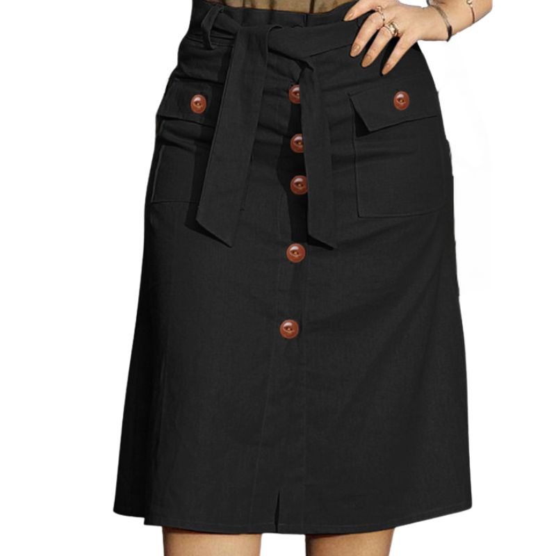 Saia Casual Cintura Alta Botões e Bolsos