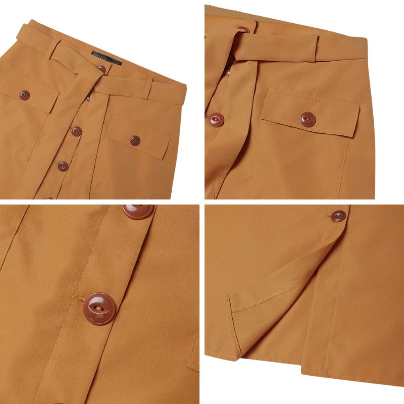 Saia Casual Cintura Alta Botões e Bolsos