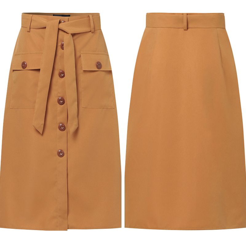Saia Casual Cintura Alta Botões e Bolsos