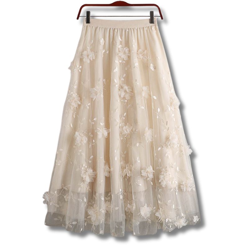 Saia Midi de Tule Renda Floral
