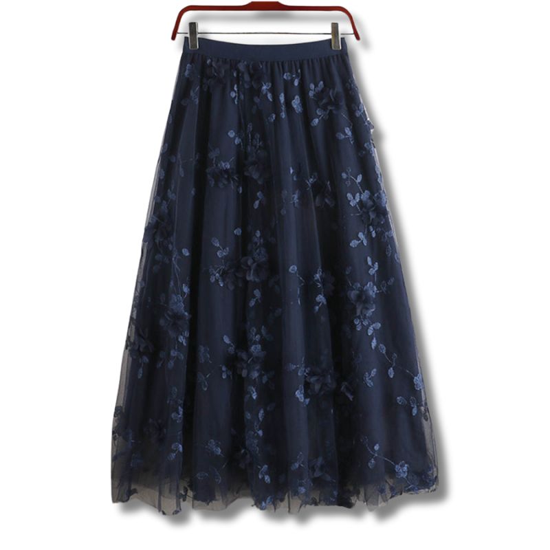 Saia Midi de Tule Renda Floral