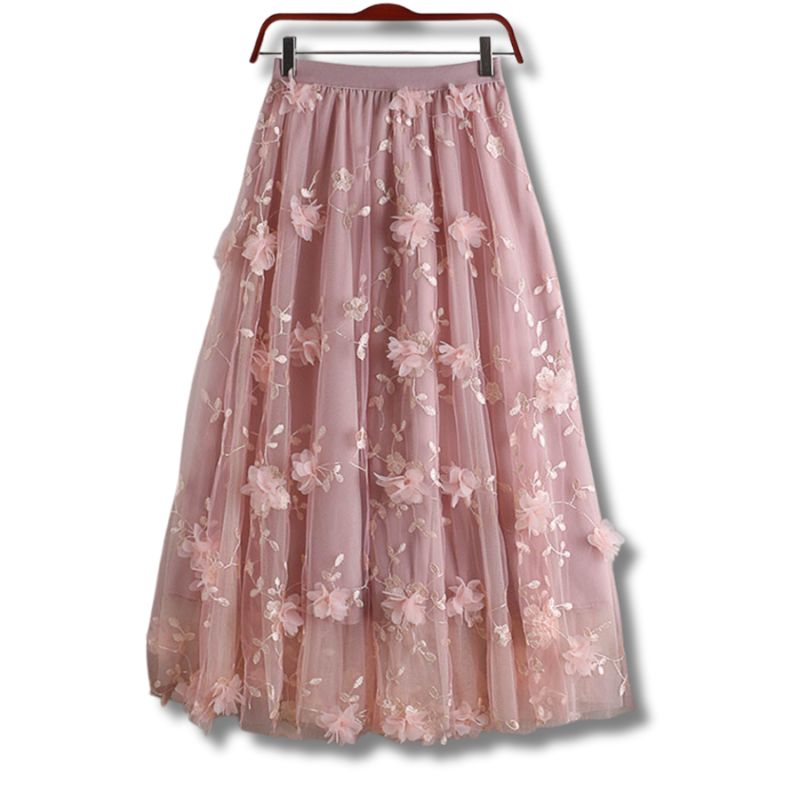 Saia Midi de Tule Renda Floral