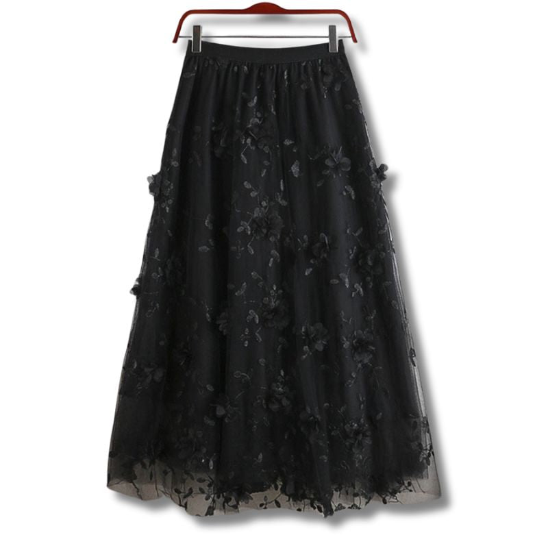 Saia Midi de Tule Renda Floral